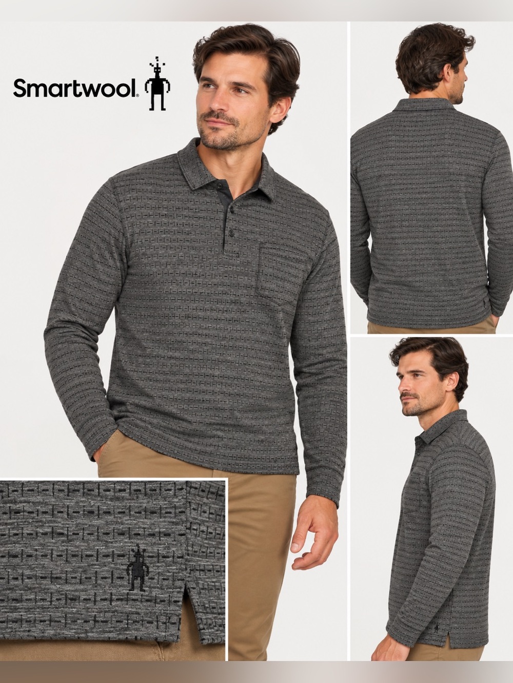 Smartwool Men’s Long-Sleeve 100% Merino Wool Polo in Dark Gray (flaw)